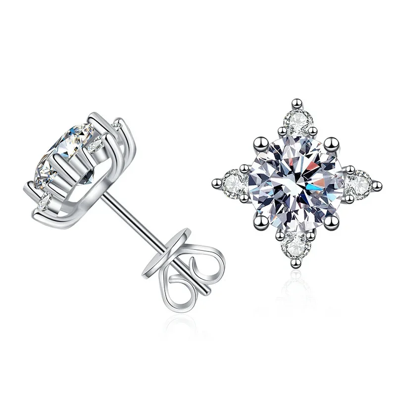 18K Gold Inlaid Diamond Earrings, PT950 Platinum D-color One Carat Moissanite Earrings, Four Cornered Octagonal Stars