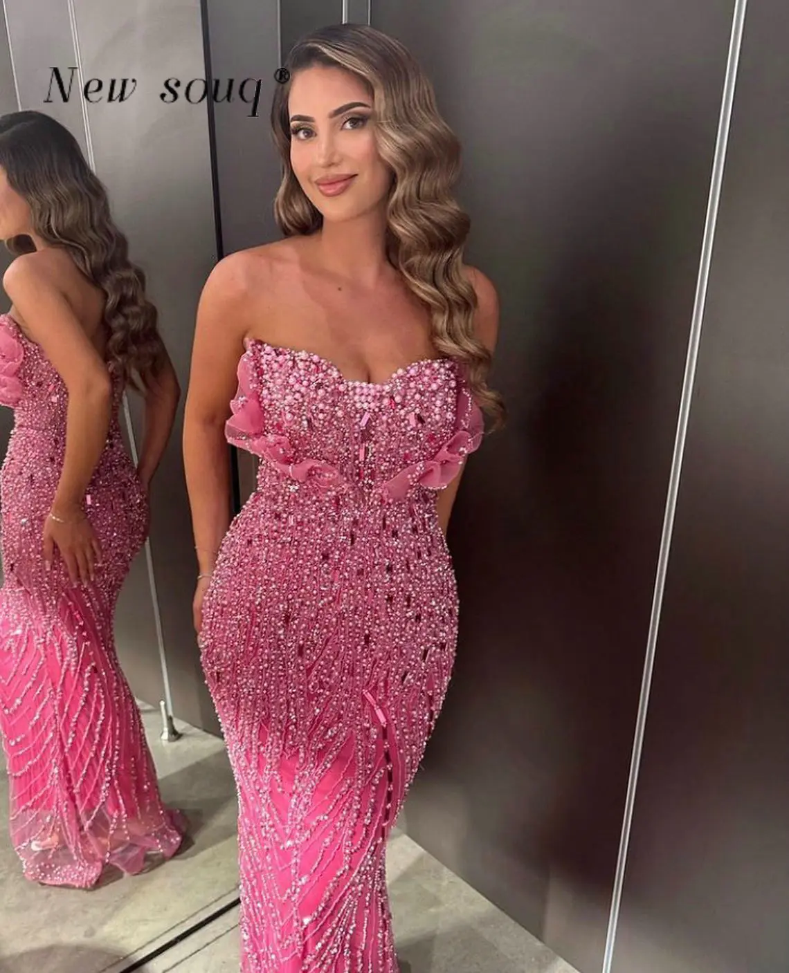 

Pink Beaded Sweetheart Neck Evening Dresses Modern Long Sleeveless Mermaid Prom Gowns for Wedding Party Custom Made Vestidos