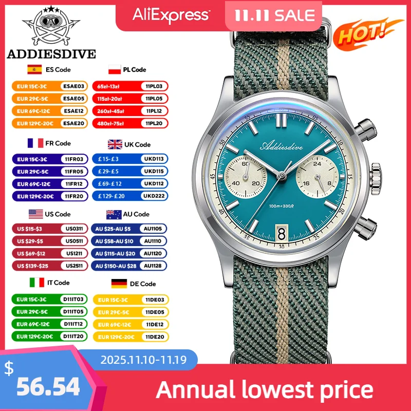 

ADDIESDIVE New AD2095 Quartz Watches VK64 Movement Vintage Chronograph Men's Watch Waterproof 100M Luminous Luxury Wristwatch