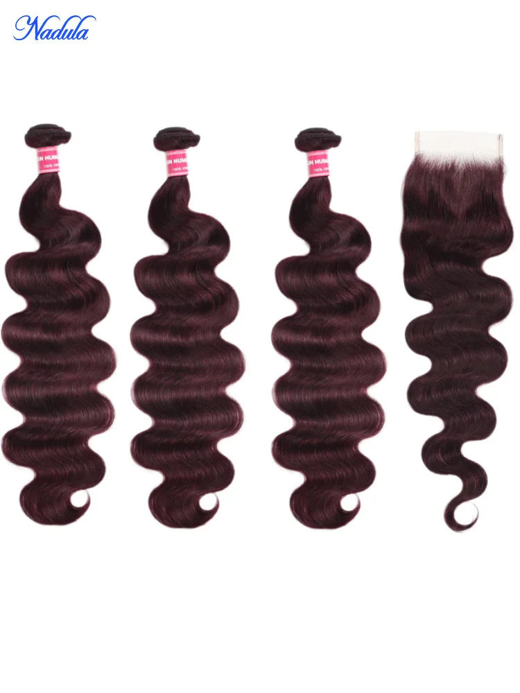 Nadula الكرز الأسود الملونة حزم الشعر البشري مع إغلاق 100% غير المجهزة البرازيلي الجسم موجة عذراء لحمة شعر بشري