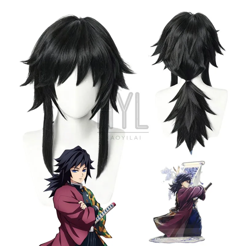 Anime Tomioka Giyuu Cosplay Wig Black Long Synthetic Hair For Women Men Halloween Costume Party Carnival Accessories Props