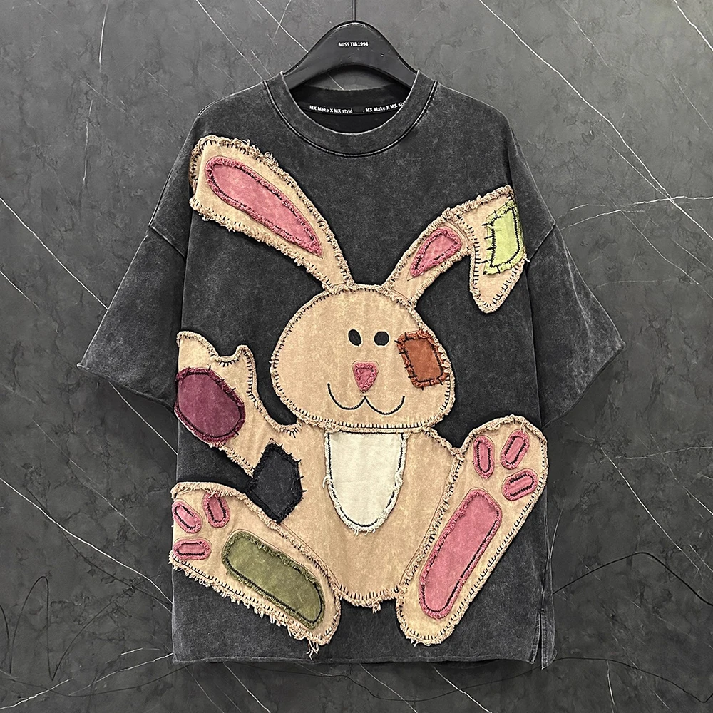 

Plus Size Tee Summer Spring Thick New Fashion Vintage Animals Appliques Loose Black Top T-Shirt Casual