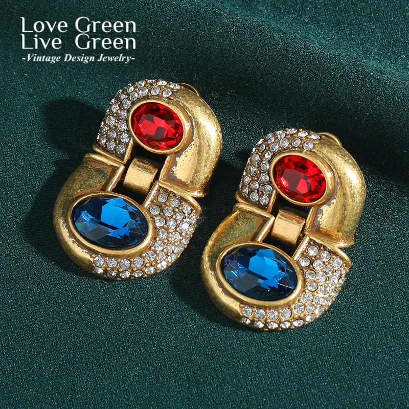 

Vintage Red Blue Crystal Earring Glass Lock Gold Color Rhinestone Luxury Jewelry For Woman Quality Designer Gifts Party 2025