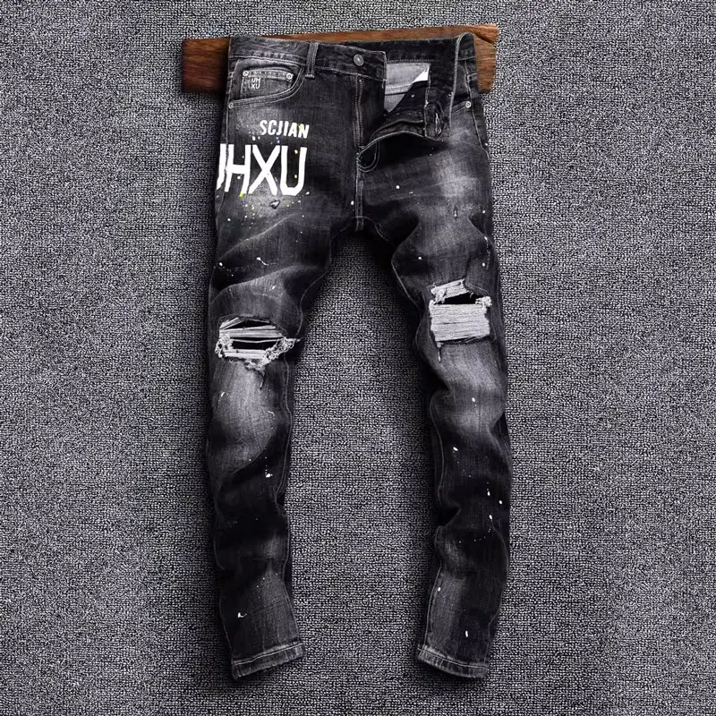 

Street Fashion Men Jeans Retro Black Gray Stretch Slim Fit Painted Ripped Jeans Men Printed Designer Hip Hop Denim Pants Hombre