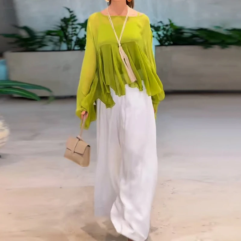 موضة بسيطة الصلبة 2 قطعة مجموعة المرأة أنيقة س الرقبة طويلة الأكمام كشكش بلوزة قمصان و بنطال ذو قصة أرجل واسعة الدعاوى خريف 2025