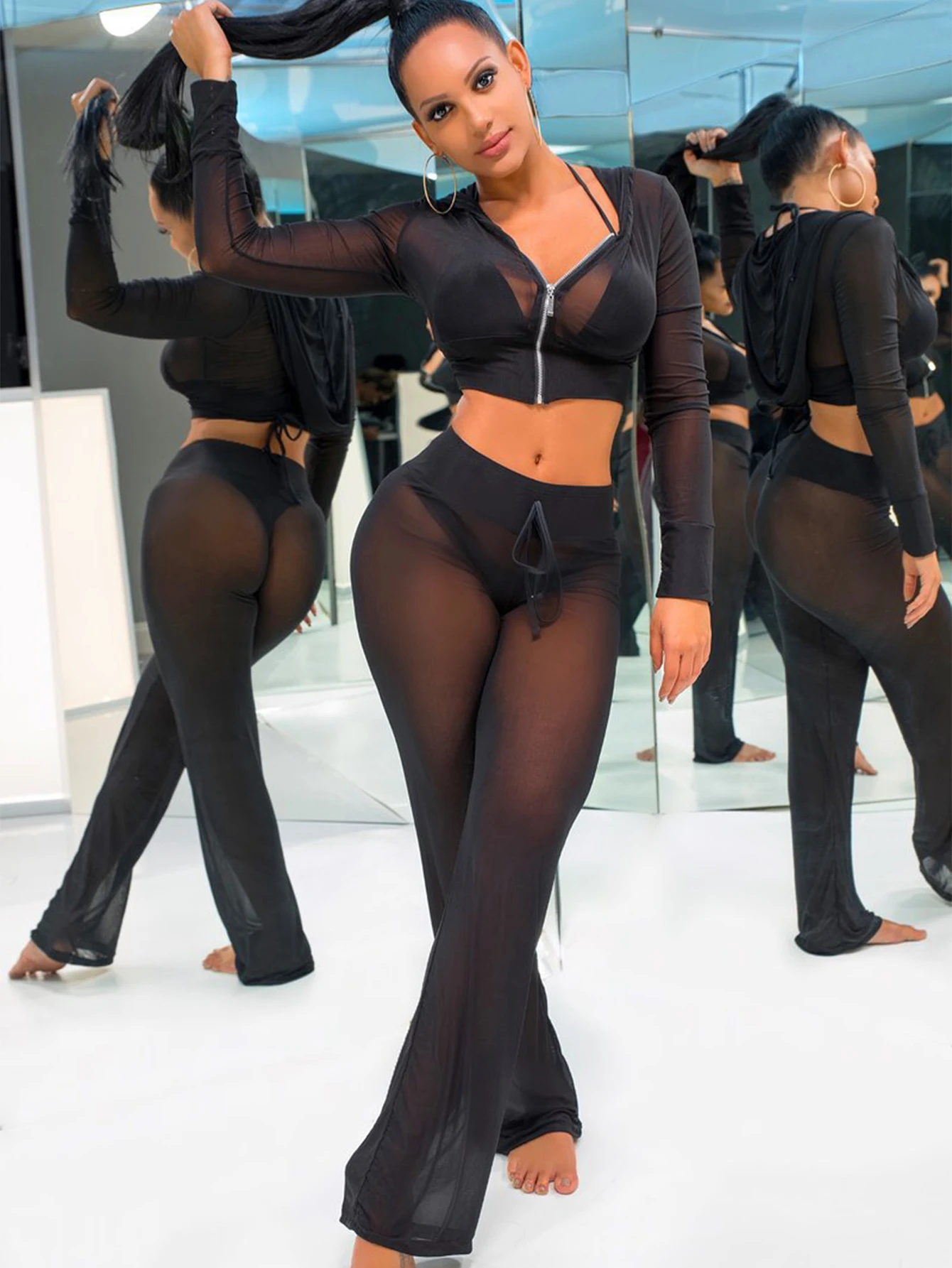 

European And American Long-sleeved Tulle Suit Summer New Tulle Hooded Sexy And Elegant Slim-fitting Long Pants Set For Women