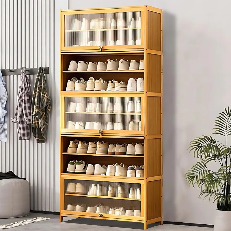 

Tall Bamboo Shoes Cabinet with Flip Doors, 10 Tier 30-40 Pairs Freestanding Shoe Shelf Rack for Hallway Living Room Entryway