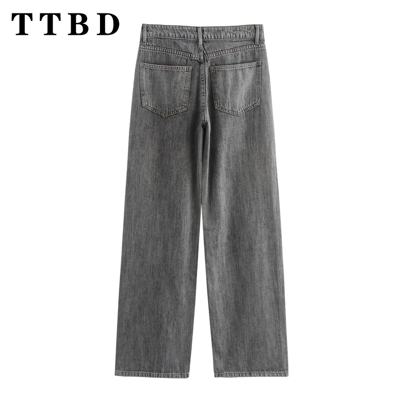 TTBD Woman's 2024 New Autumn Fashion High Waist Loose Fit Button Long Pants Female Casual Solid Color Ruffles Straight Jeans