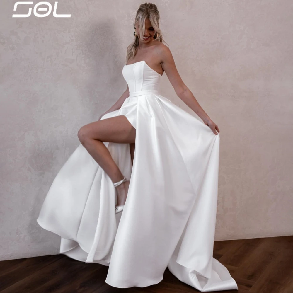 

Sol Gorgeous Detachable Long Sweep Train Strapless Satin Wedding Dress Simple Back Up High Side Slit Bridal Gown Robe De Mariee