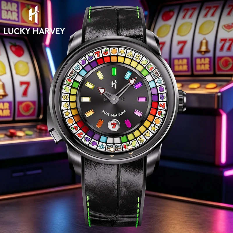 Lucky Harvey Funny Games Design Fruit Slot Machine Automatic Moving Doll Movement Colorful Gem Scale Mechanical Watches for Men