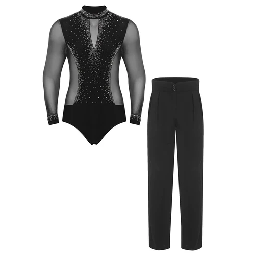 Imagen 2 del producto Traje de baile latino de patinaje artístico para hombre, mono de malla con borlas de lentejuelas de manga larga y pantalones para baile de salón Cha-cha Tango