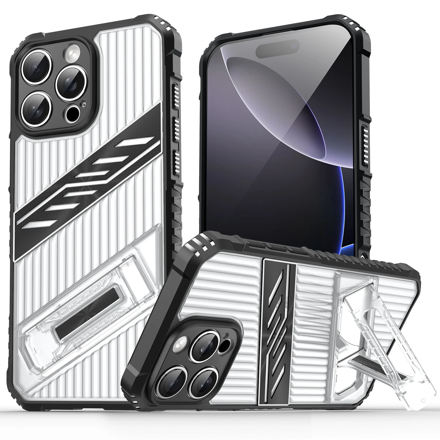 

For Iphone 16e/16 Pro Max 15 Plus 14 13 12 11 Phone Case Transparent Pc+Tpu Stand Fine Holes Four Corners Drop Proof Hard Cover