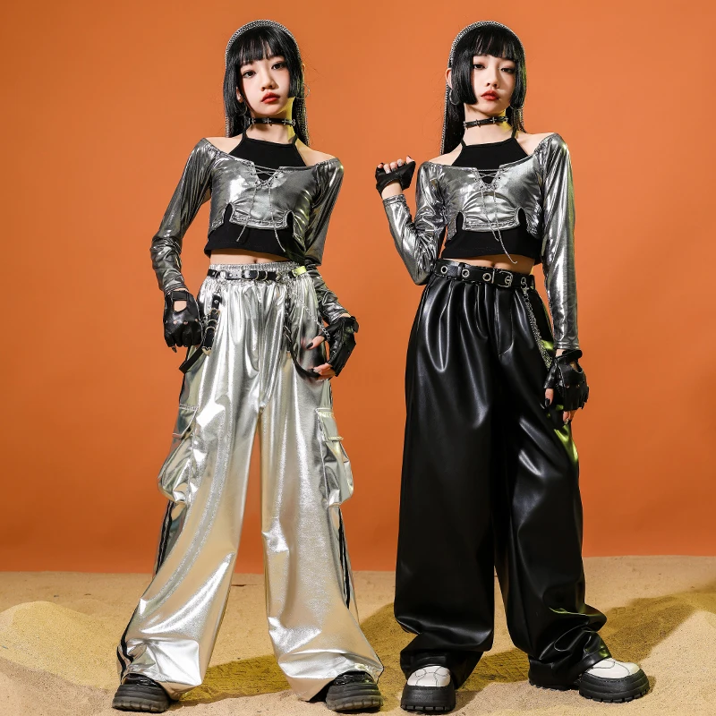 Mädchen Hip Hop Kleidung K-pop Shiny Crop Tops Street Dance Outfits Silber Hosen Kinder Streetwear Kind Jazz Kostüm Kleidung Sets