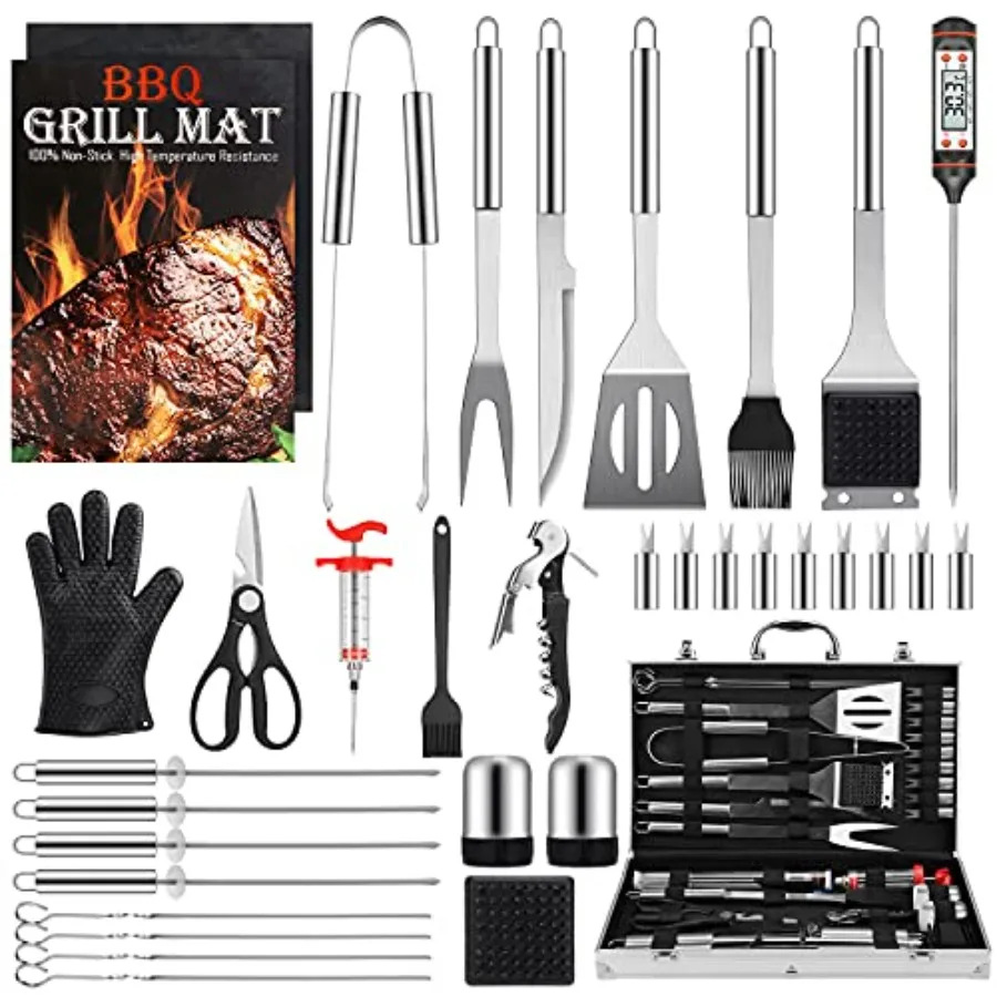 

Grill Set Grilling Gifts for Men 34PCS BBQ Tools Accessories for Outdoor Grill with Aluminum Case Spatula Tongs andSkewers Smok