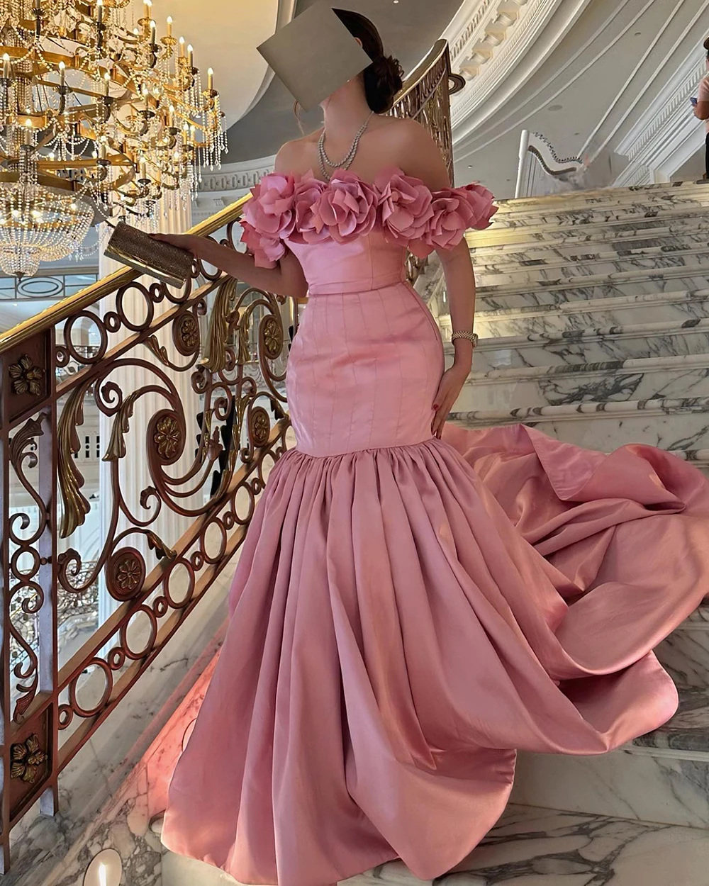 Verngo Boat-neck Mermaid Party Gown Pleat 3D Flower Off The Shoulder Graduation Dress Princess Pink Women\'s Evening Dress