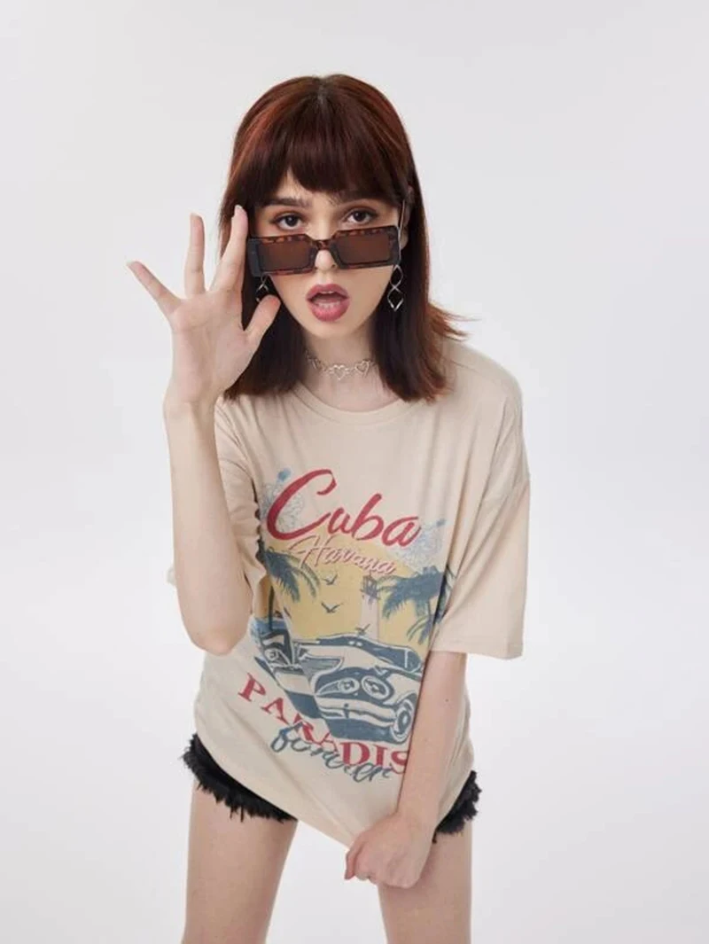 Cuba Havana Vintage Car Tropical T-Shirt Women Summer Casual Oversized Vacation Beach T Shirt Cute Aesthetic Holiday Tops