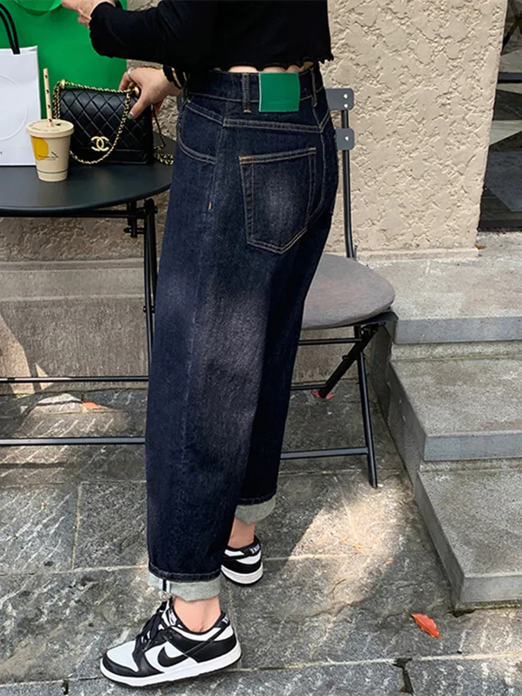 2023 Korean Y2K Fashion Dark Blue Cropped Haren Jeans Pants For Women Clothing Straight Casual Luxury Lady Trousers Ropa Mujer