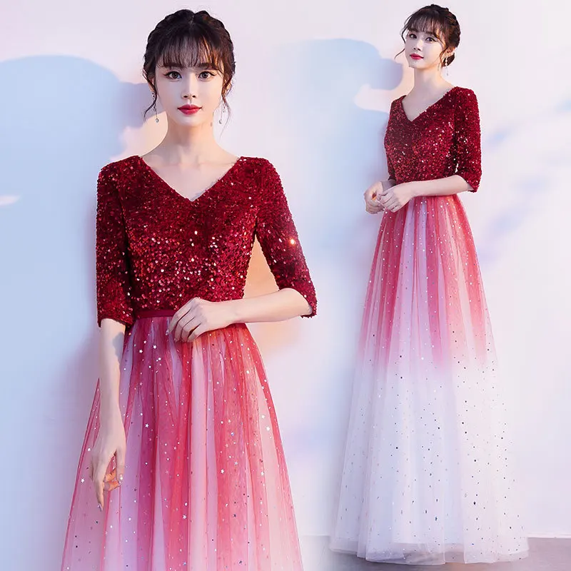 Red Sequin V-Neck 3/4 Sleeve Gradient Glitter Tulle A-Line Floor-Length Bridesmaid Dress Formal Evening Gown