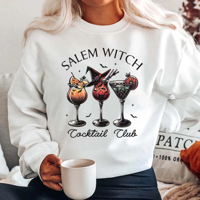 New Halloween Salem Witch Cocktail Club Print Pullover Women Fashion Sports Hoodeless Sweatshirt Ladies Pure Color Oversize Tops