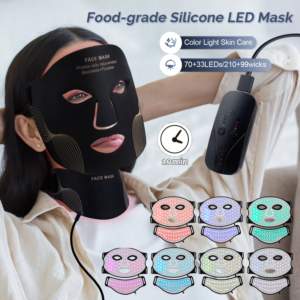 Máscara led de silicone rosto e pescoço 7 cores led fóton luz vermelha terapia infravermelha flexível máscara facial reparação pele uso sem fio