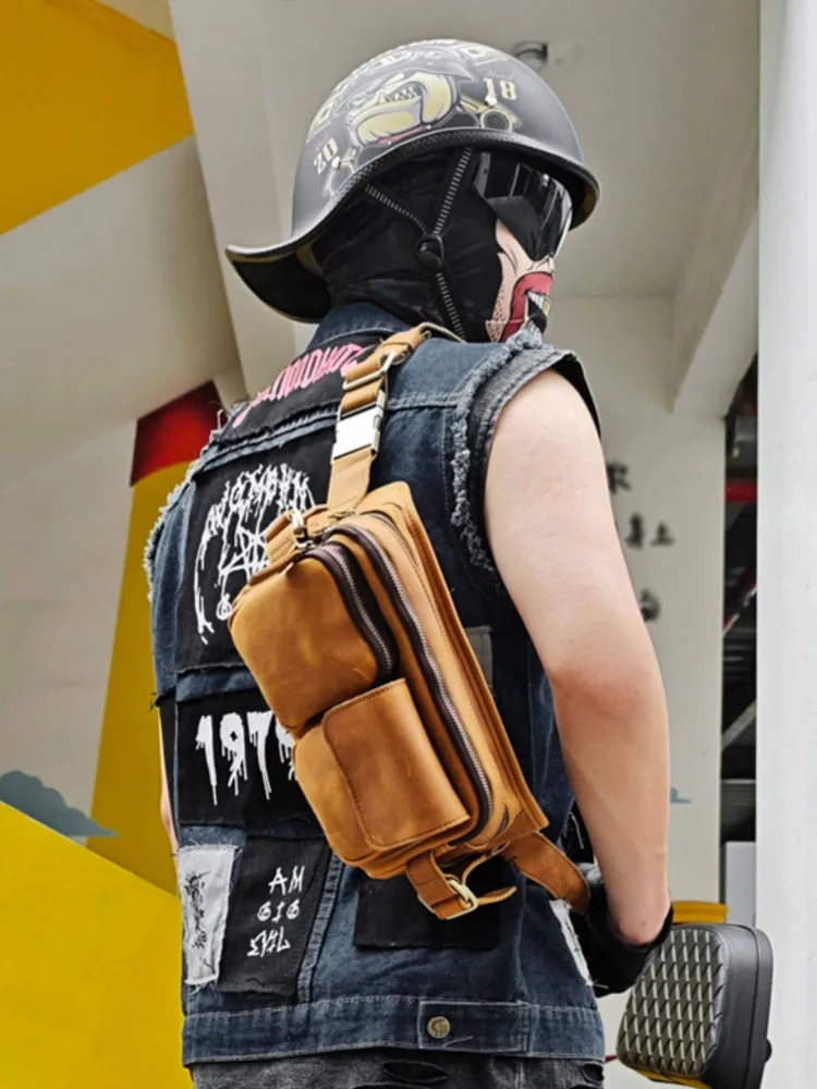 Mens Large Capacity Crossbody Bag Multi Pockets Cowhide Genuine Leather Travel Chest Bags Wide Strap Shoulder Motorcycle Riding