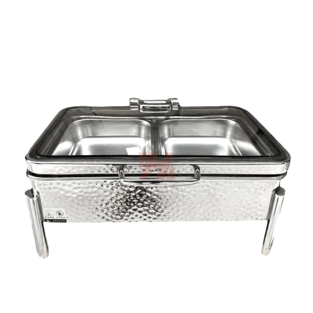 Rectangle Customized Hammer Point Stainless Steel 304 Fuel Chafing Dish Buffet Set with Glass Lid for Food Warmer Catering