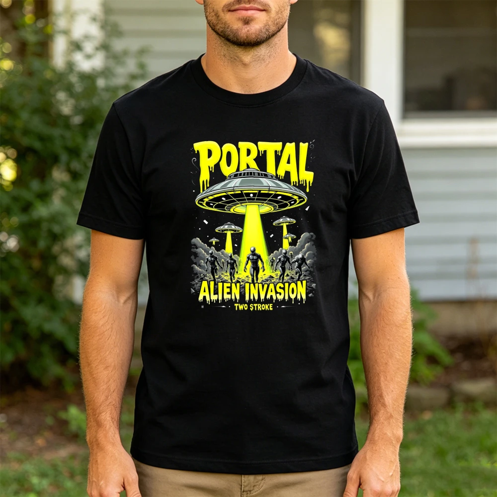 Portal Alien Invasion Two Stroke Herren-T-Shirt aus Baumwolle, kurzärmelig, lässig, modisch, Grafik-T-Shirt, Unisex, Sommer-Tops, Geschenk für Ihn