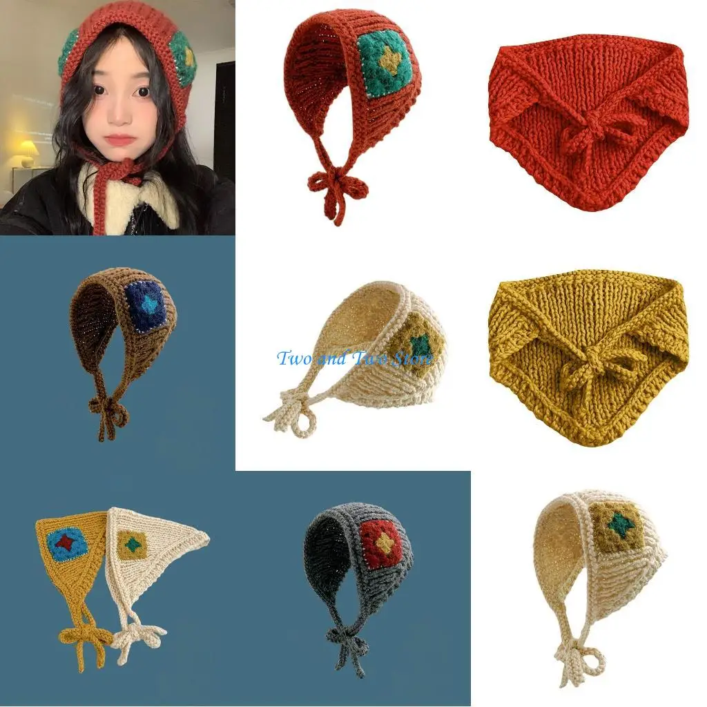 

HX6F Hot Girls Crochet Earflap Hat Knit Triangle Hair Scarf Protect Ear Earflap Hat Girls Camping Taking Photo Earflap Hat