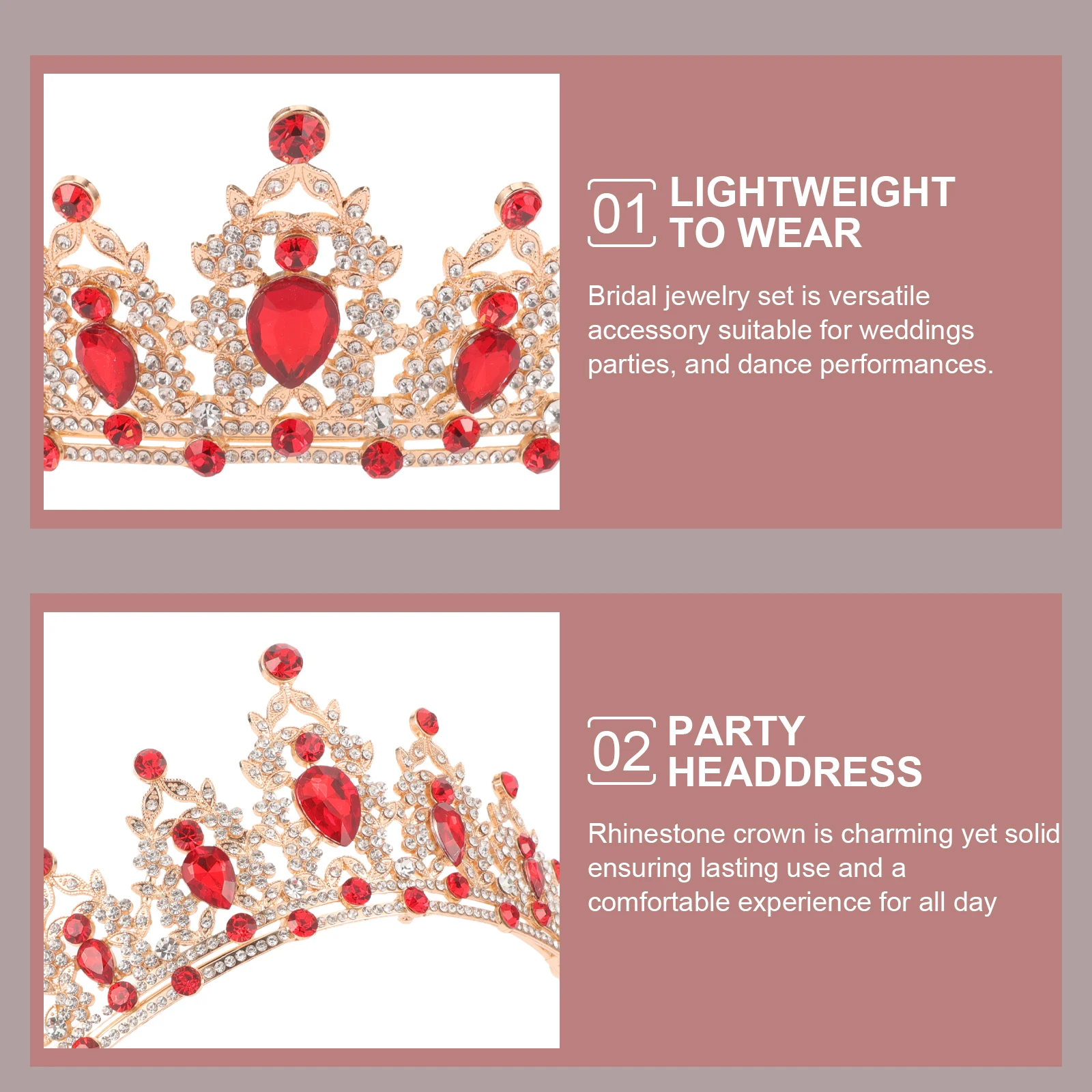 

Rhinestone Crown Wedding Headdress Gold Red Stone Alloy Electroplated Bridal Hair Accessories for Bride Party Gifts Evening