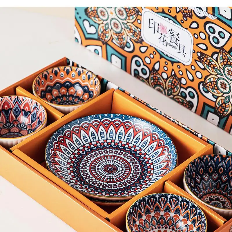 Bohemian F Style Ceramics Bowl Kitchen Dishes and Plates Sets Household Rice Dinner Plate Ceramic Gift Box 4.5 Inches