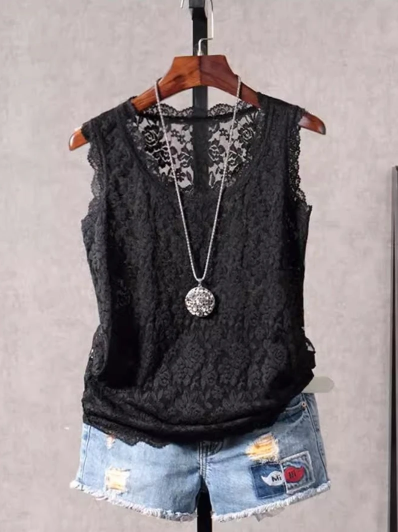 

Summer plus Size Svel Lace Patchwork Design Color Faion Slimming Strap Vest Women's Clothing Casual Sle