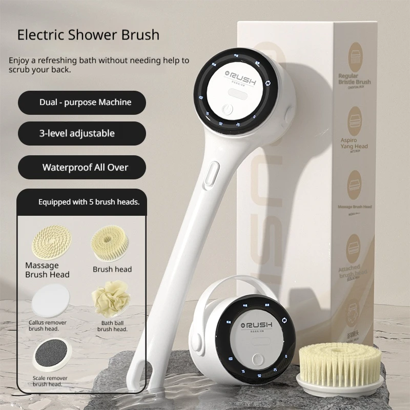 2026 NEW Electric Shower Body Cleaning Brush 5 Heads Spinning Spa Bath Brush Waterproof Long Handle Personal Back Rubbing 3 Gear