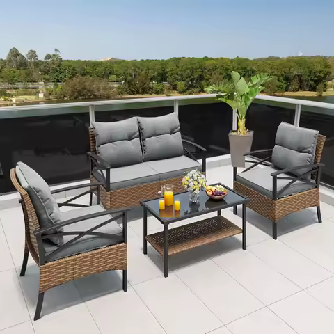 4-Piece Patio Furniture Wicker Outdoor Bistro Set, All-Weather Rattan Conversation Loveseat Chairs for Backyard,Balcony and Deck