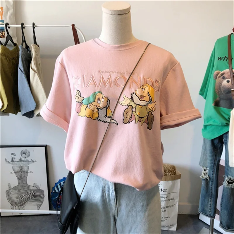 

Summer Women's Loose Short Sleeve T-Shirt Embroidered Dwarf Fashionable Versatile Top Commute Style Polyester Cotton Blend