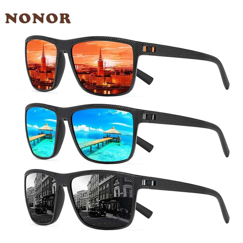 NONOR 3 PCS Men Women Square Polarized Sunglasses Fashion Retro Outdoor Sports Fishing Sun Glasses Male Goggle Shades UV400