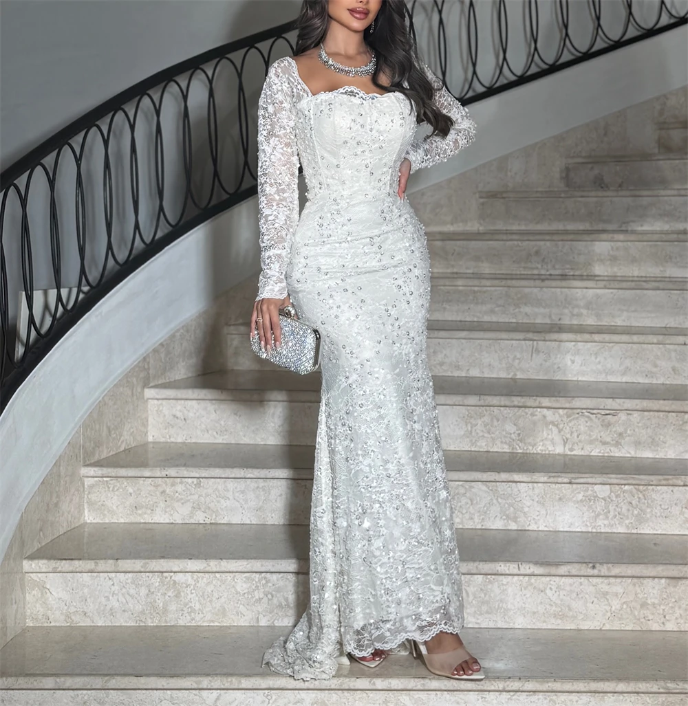 Robe de soirée en dentelle blanche, personnalisée, élégante, col carré, manches longues, robes de soirée, Sexy, sirène, perles, robes de célébrité