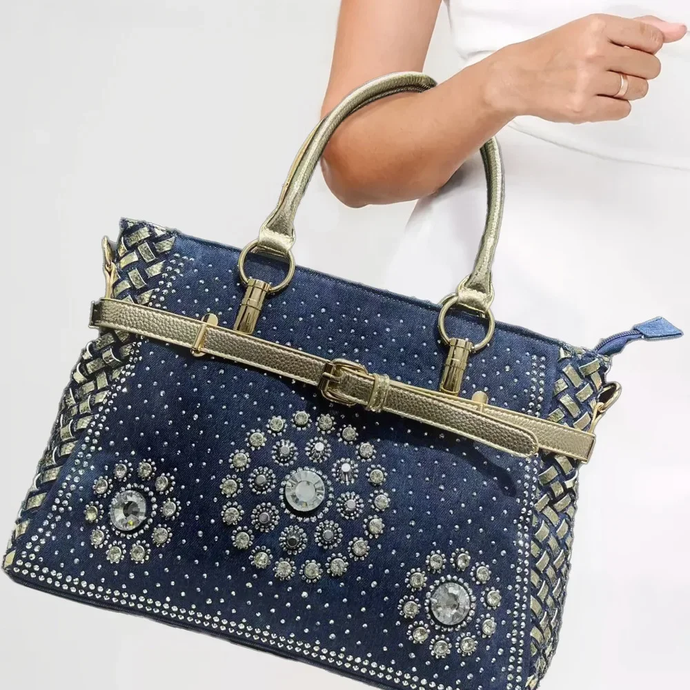 

Ladies' fashionable and elegant gradient diamond embellished tote bag with personalized buckle strap shoulder bag