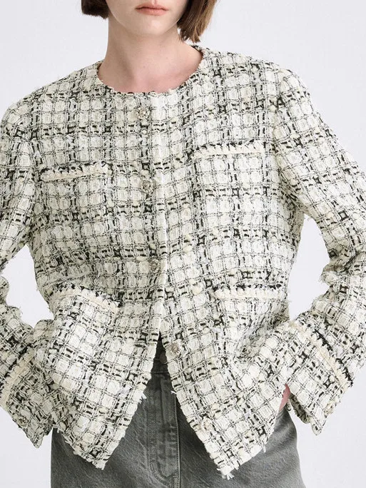 

Ele Plaid awl Collar Long Sve round Ne Commuter Coat Korean High End Brand Autumn New Sle Versatile Busin Lad...