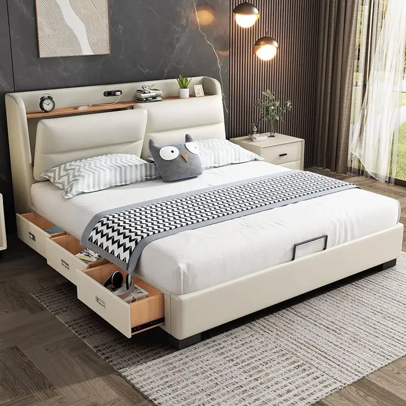 Multifonction Nordic Bed Leather Minimalist Bedroom Storage Bed Modern Luxury Lit Intelligent Multifonctions House Accessories