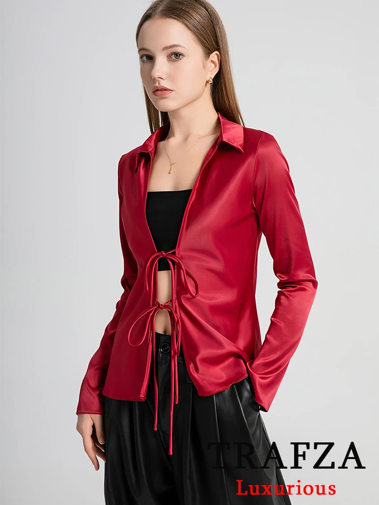 TRAFZA Claret Satin Women Shirts Long Sleeve V Neck Bow Tie Straight Blouses Fashion 2024 Y2K Elegant Girl Tops Chic Women Shirt