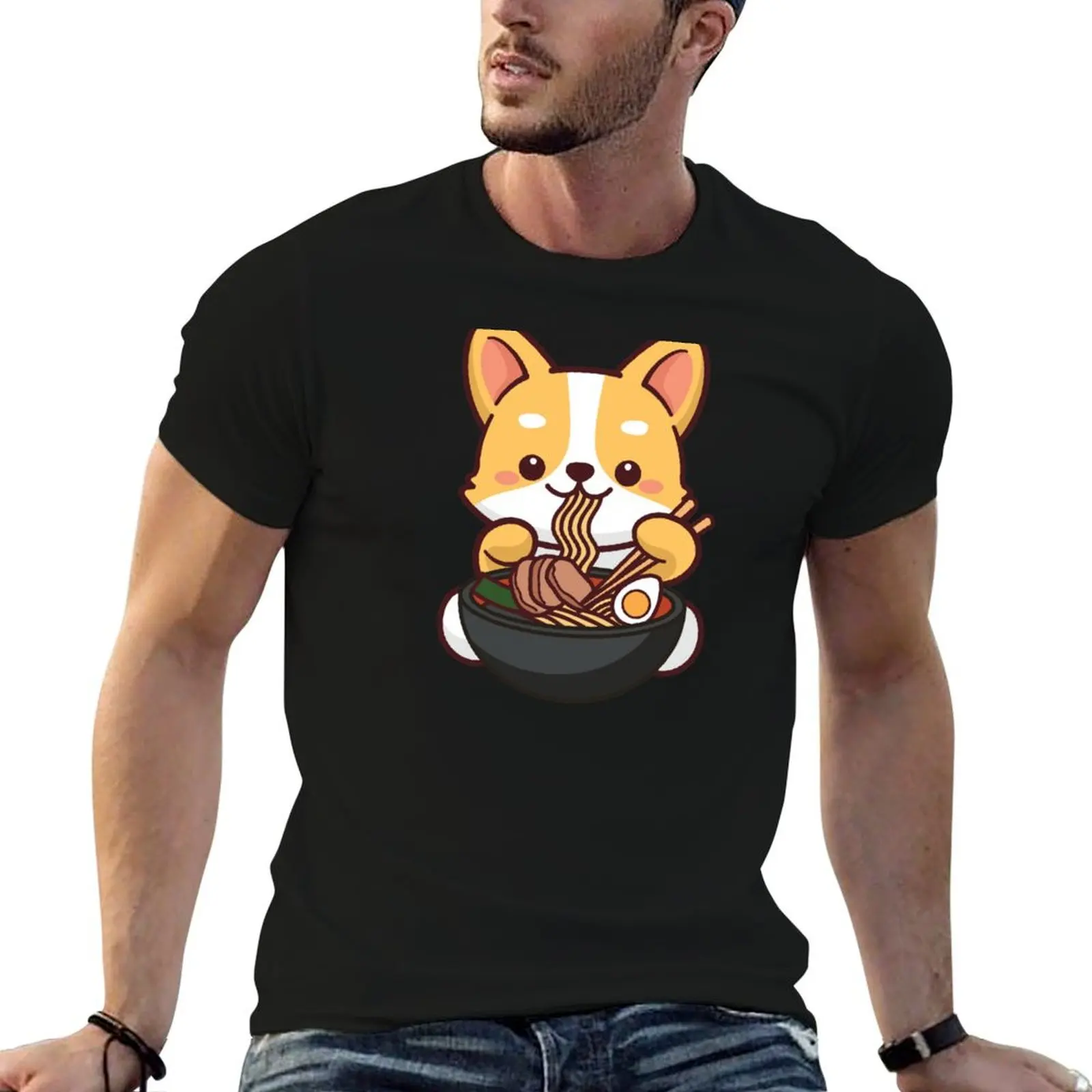 Cute Corgi Eating Ramen Noodles Japanese Kawaii T-Shirt cheap stuff custom shirt vintage t shirts mens tall t shirts