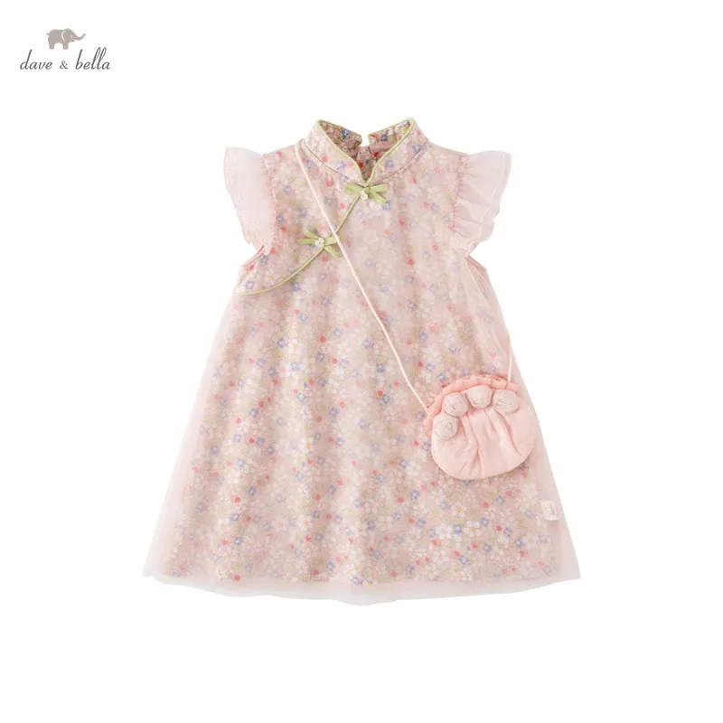 Dave Bella Vestido estilo Cheongsam para niñas con estampado floral rosa, bolso pequeño combinado DB 2234762