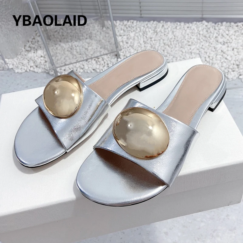 

Big Metal Buckle Decor Slippers Women Summer Shoes Open Round Toe Flats Fashion Leisure Style Outside Beach Muller Slides Shoes