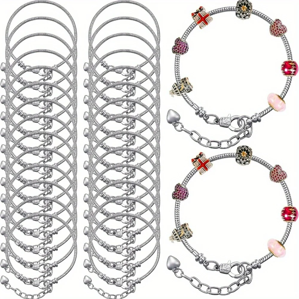 20 piece Adjustable Snake Chain Bracelet with Heart-shaped Extender - Silver copper DIY jewelry making set