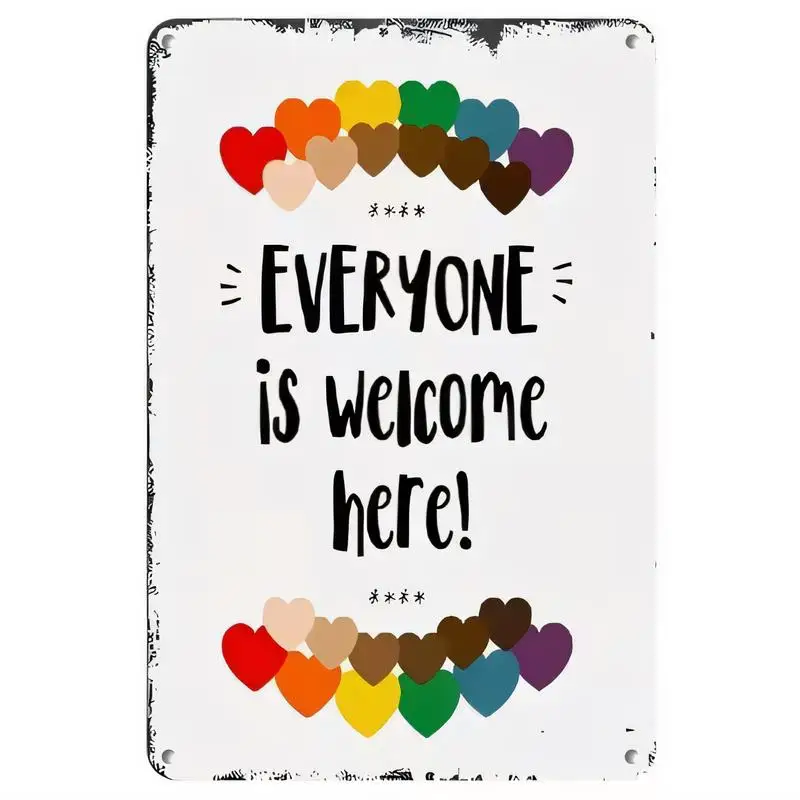 Vintage Distressed Metal Tin Sign - Everyone is Welcome with Multicolor Inclusive Hearts, 2D Flat Iron Wall Art for Home, Office