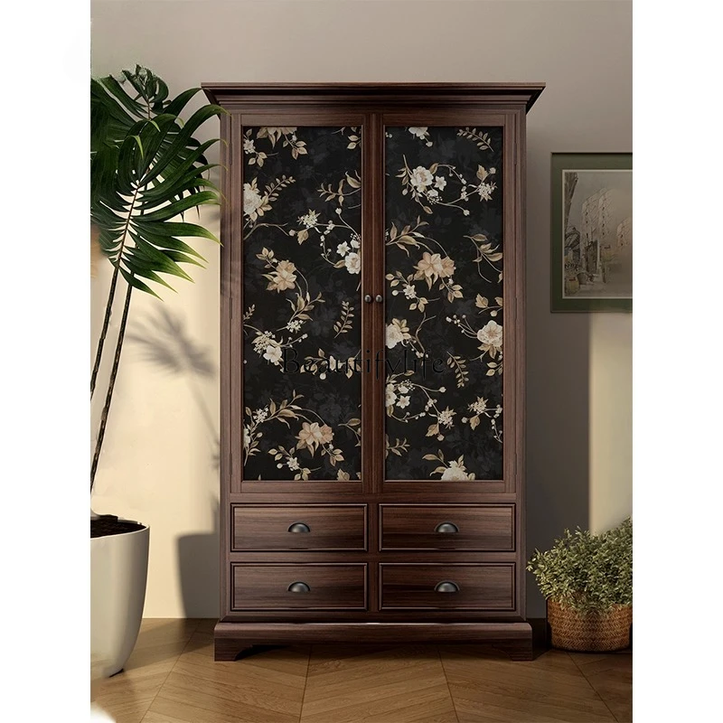 

American retro style wardrobe household bedroom double door solid wood rose pattern storage locker