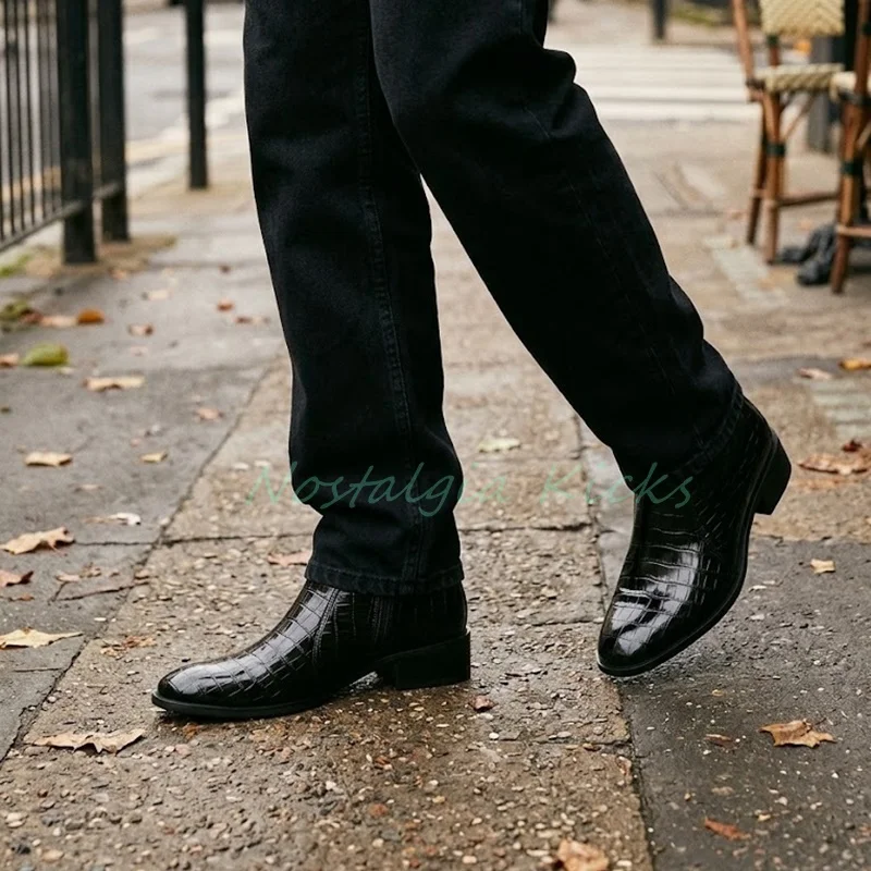Men Glossy Crocodile Pattern Ankle Boots Side Zipper Square Low Heel Dress Booties Classic Fashion Pointed Toe Party Shoes Club