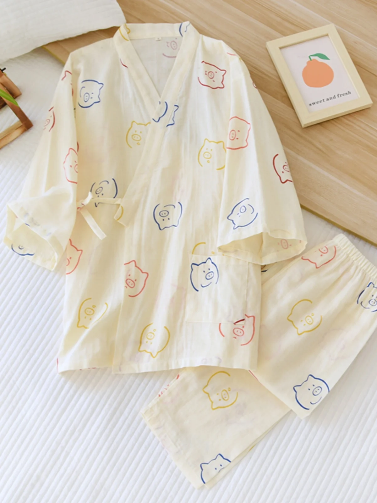 New Japanese Sle Pure Cotton Gauze Floral Print Spwear Long Pants Seven Sve Summer Thin Home Clothes St Suit