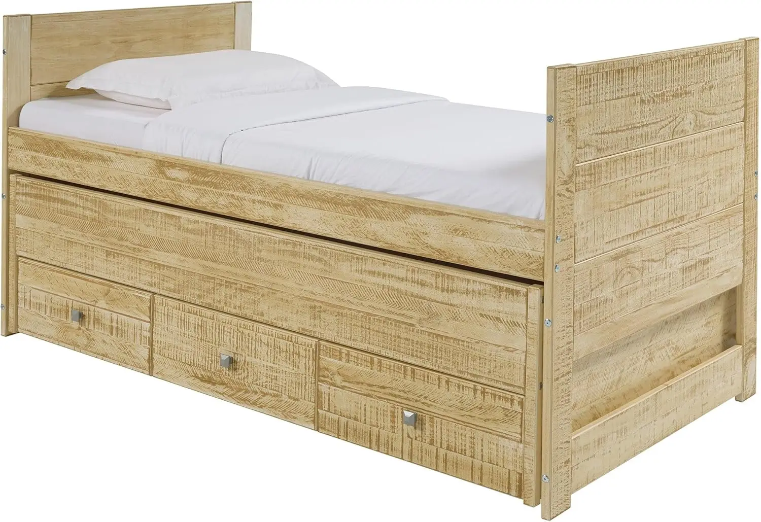 Bedz King All in One Twin Bed with Twin Trundle and 3 Built in Drawers, Weathered Honey