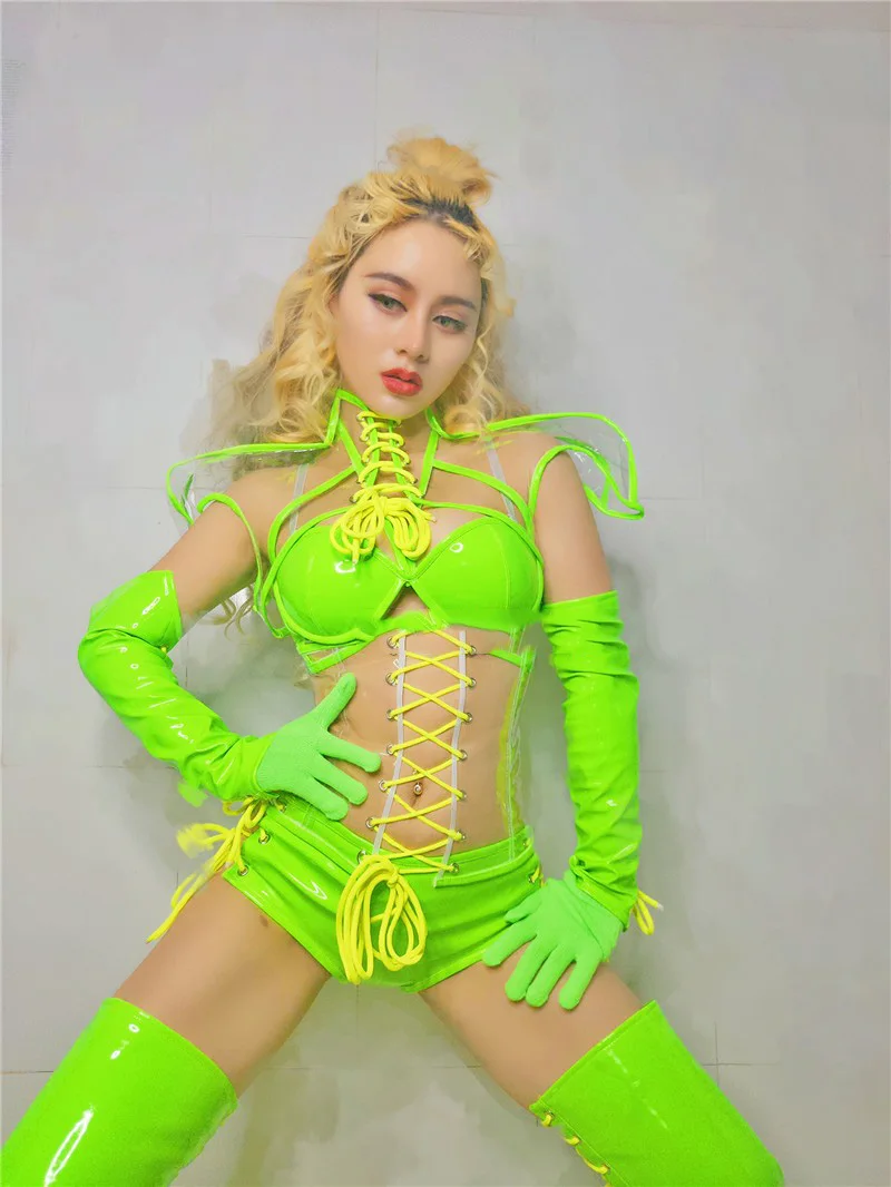 Correa de color verde neón, Tops transparentes, ropa de escenario para Club, cantante, ropa para el escenario, Gogo, baile en barra, atuendos Rave